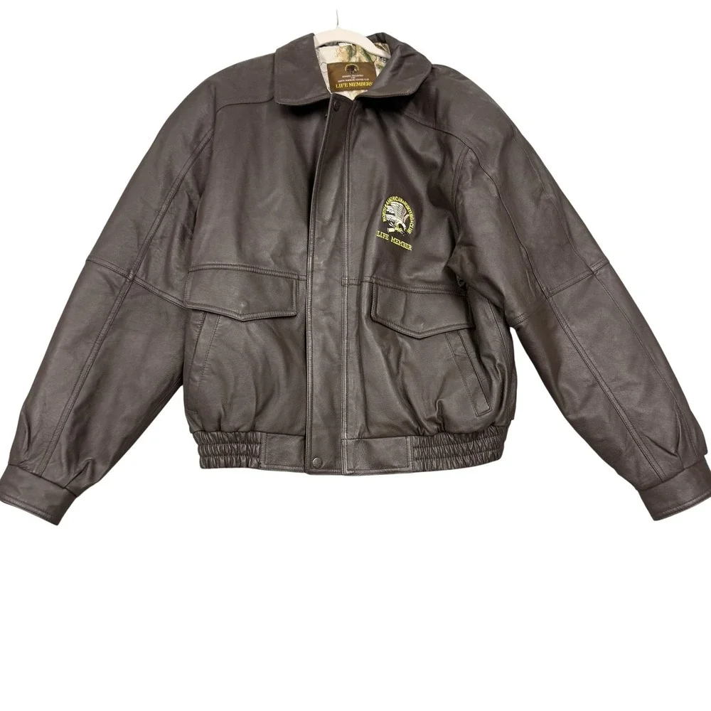 North American Hunting Club Jacket Mens Large Brown Leather Bomber Life Member